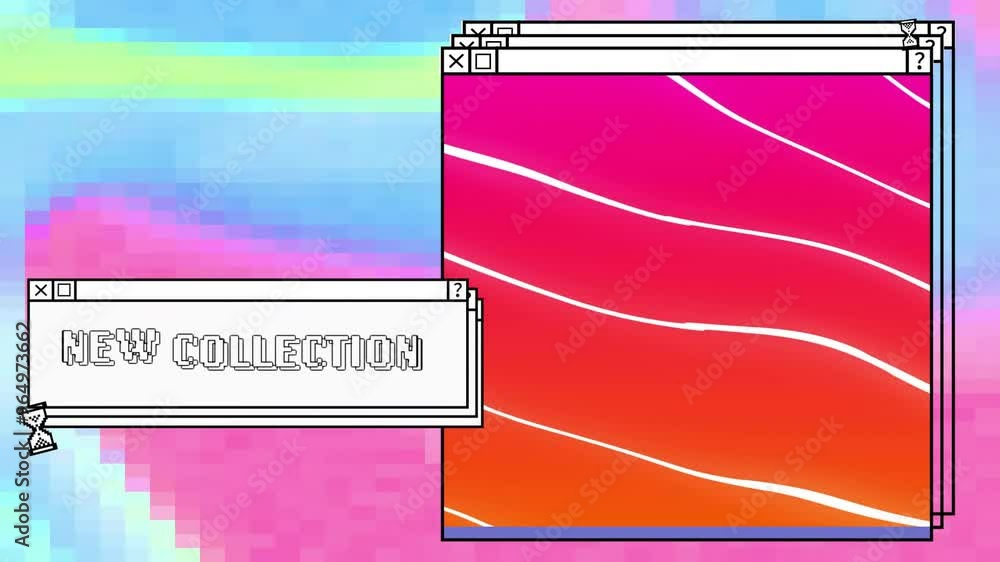 Poster animation of digital interface with new collection text and red shapes on colourful background