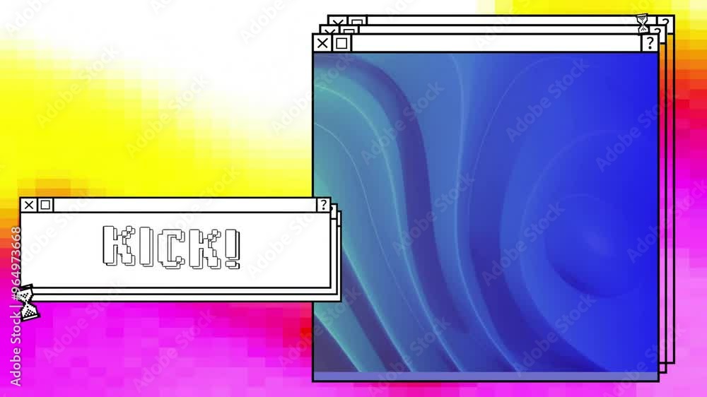 Aufkleber animation of digital interface with kick text and blue shapes on colourful background