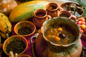 Close-up of organic composition of organic fruits, spices for the preparation of Guatemalan punch.