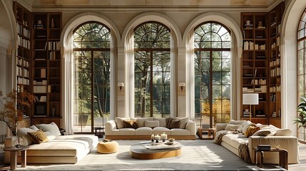 Sunlit Living Room with Arched Windows and Sectional Sofa.