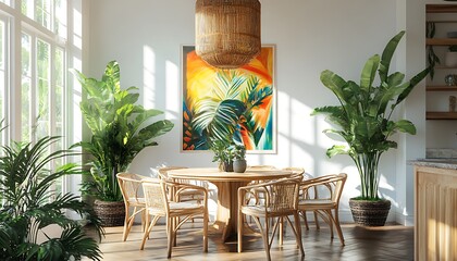 Relaxed Tropical Dining Area with Flexible Seating, Bold Artwork, and Lush Plants