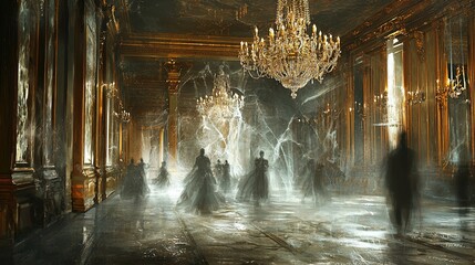 Obraz premium A grand ballroom with an opulent and somewhat eerie atmosphere. The room features ornate golden columns and elaborate chandeliers that emit a warm, glowing light. The chandeliers hang from a high, int