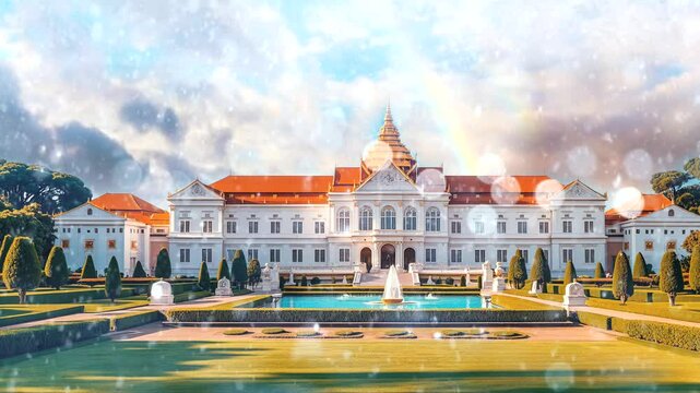 Grand, palatial building with white facade and orange tiled roofs, surrounded by manicured gardens and fountains, set against a soft, dreamy sky, evoking a sense of elegance and luxury.
