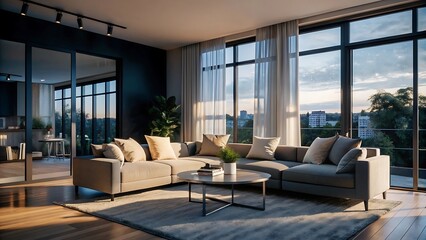 Fototapeta premium Minimalist luxury modern living room interior design, morning light, modern interior concept for use. contemporary interior design.