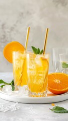 Fototapeta premium Fresh summer cocktail with orange and mint, isolated, Copy space for text. Generative AI