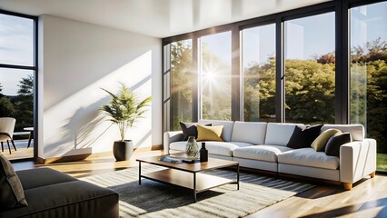 Fototapeta premium Minimalist luxury modern living room interior design, morning light, modern interior concept for use. contemporary interior design.