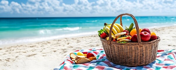 Picnic Basket Filled with Fruit and Bread on a Beach Blanket
