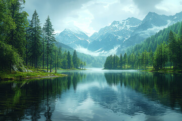 A serene lake reflecting surrounding mountains and forests, embodying tranquility. Concept of Earth's natural beauty and reflection.