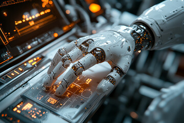 A roboticist programming a robotic arm, perfecting its movements. Concept of robotics and artificial intelligence.