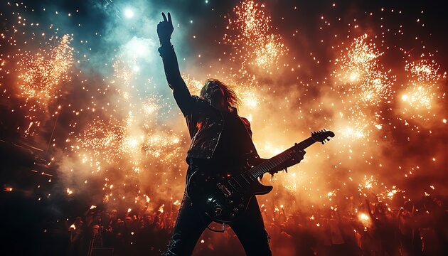 Rock star on stage, making the rock hand gesture, with electric guitar in hand, surrounded by pyrotechnics and a roaring crowd, bright stage lights
