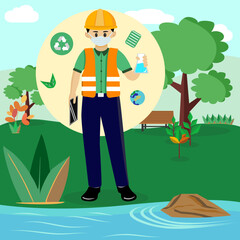 Environmental Engineers Inspect Water Quality and Take Water Samples Notes in The Field Near Farmland, Natural Water Sources maybe Contaminated by Toxic Waste or Suspicious Pollution Sites.