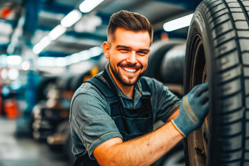 Smiling mechanic showing car tire in the car repair shop.