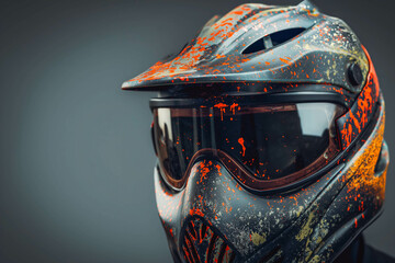 Fototapeta premium Special protective mask for playing paintball with traces and spot of hit of a ball with paint.