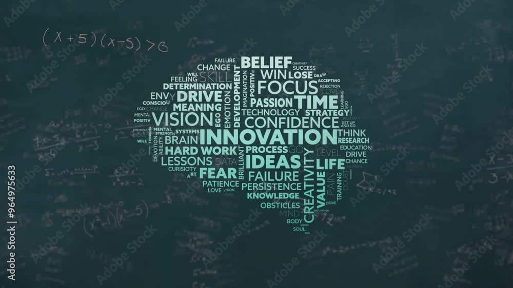 Poster animation of brain with texts over mathematical equations on black background