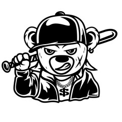 Teddy Gangsta | Bad Teddy | Dollar Sign | Hipster Bear | Gangster Bear | Mafia Bear | Teddy Bandit | Bear Holding Baseball Bat | Original Illustration | Vector and Clipart | Cutfile and Stencil