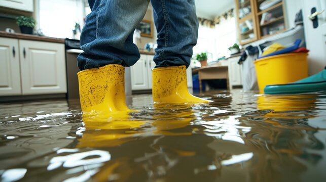 Flood Damage in Home with Water and Yellow Boots