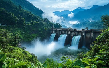 Fototapeta premium Hydroelectric dam generating power, with cascading water and lush greenery around, set against a backdrop of rugged mountains