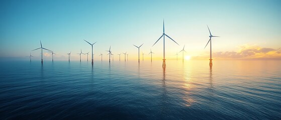 Large offshore wind farm with turbines floating on the ocean, with a serene sea and clear sky, highlighting clean and renewable energy generation