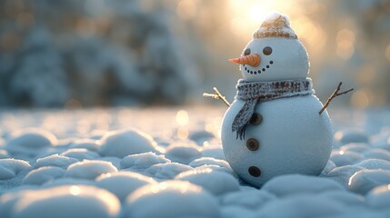 Obraz premium Charming snowman with carrot nose and coal eyes in serene winter setting. Holiday season concept