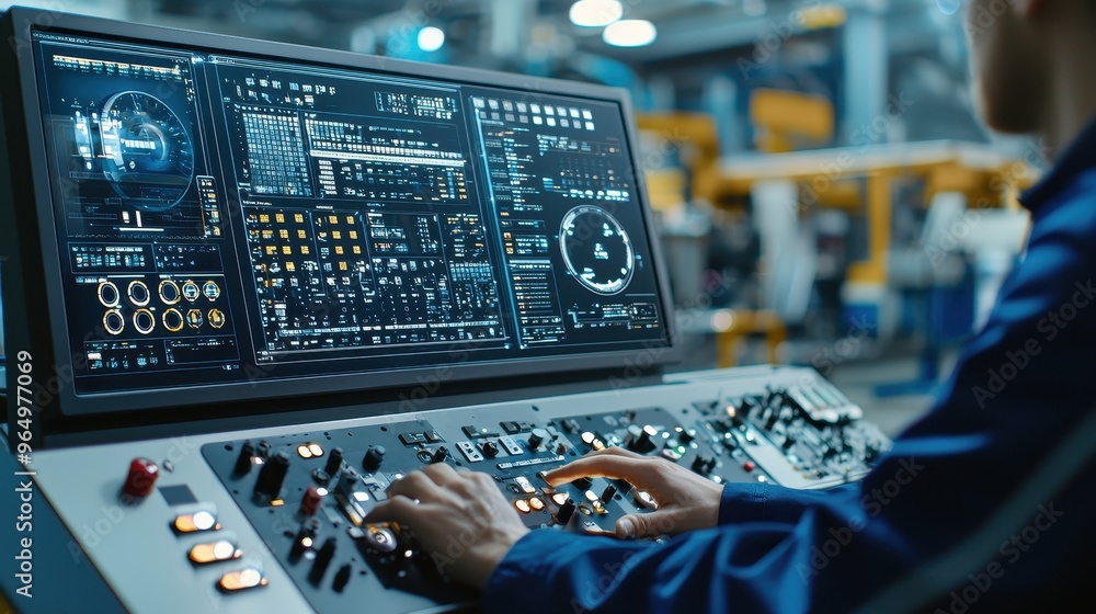 Poster industrial worker operating control panel with digital display