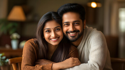 Fototapeta premium A happy couple smiling together in a cozy indoor setting.