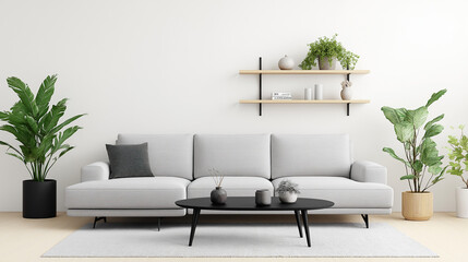 Interior of light living room with grey sofa, coffee table and shelf units.