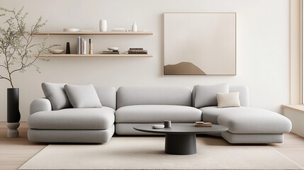 Interior of light living room with grey sofa, coffee table and shelf units.