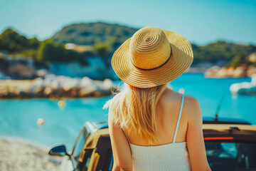 Fototapeta premium Young woman traveler in a hat standing near her car during summer holiday on the sea.