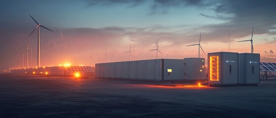 Largescale energy storage system with modular units and advanced technology, set against a backdrop of wind turbines and solar panels