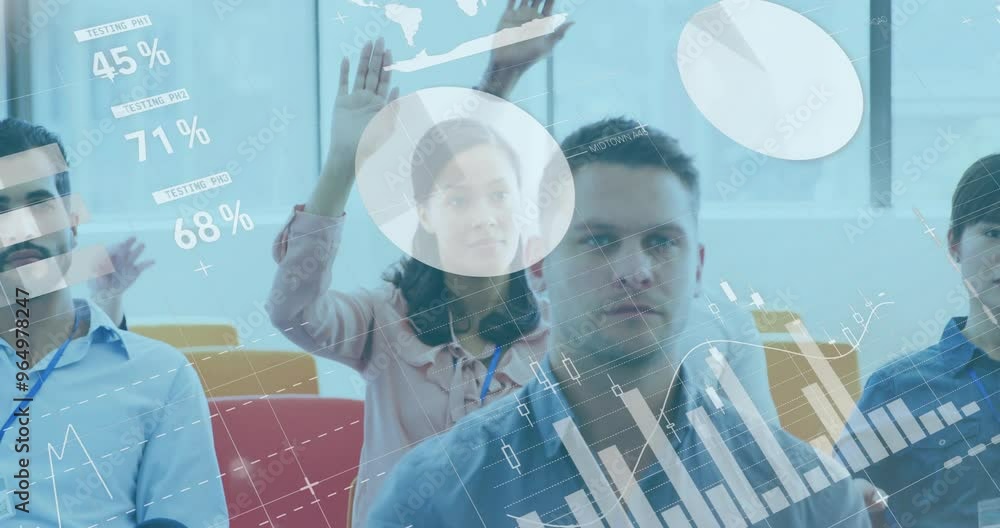 Poster animation of financial data processing over diverse colleagues having meeting in office