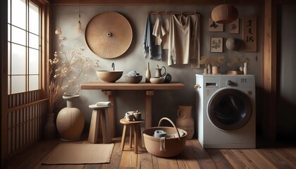 Beautiful wabi sabi style laundry room, generative AI
