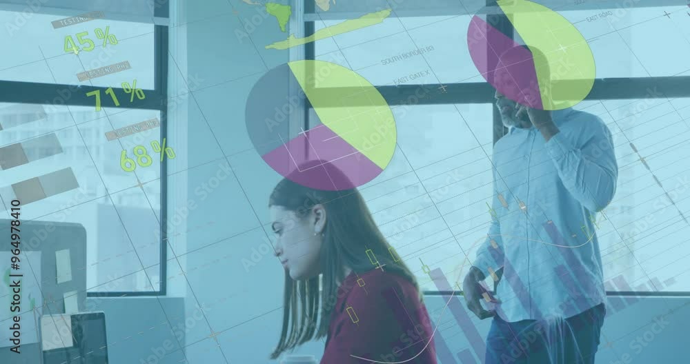 Poster animation of financial data processing over diverse colleagues working in office