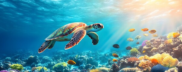 Fototapeta premium A Sea Turtle Swimming Through a Vibrant Coral Reef