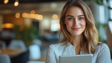 Fototapeta premium Portrait of happy businesswoman with touchpad in office