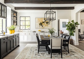 Beautiful Dining Room and Kitchen in a New Luxury Home. Open Floor Plan Concept.