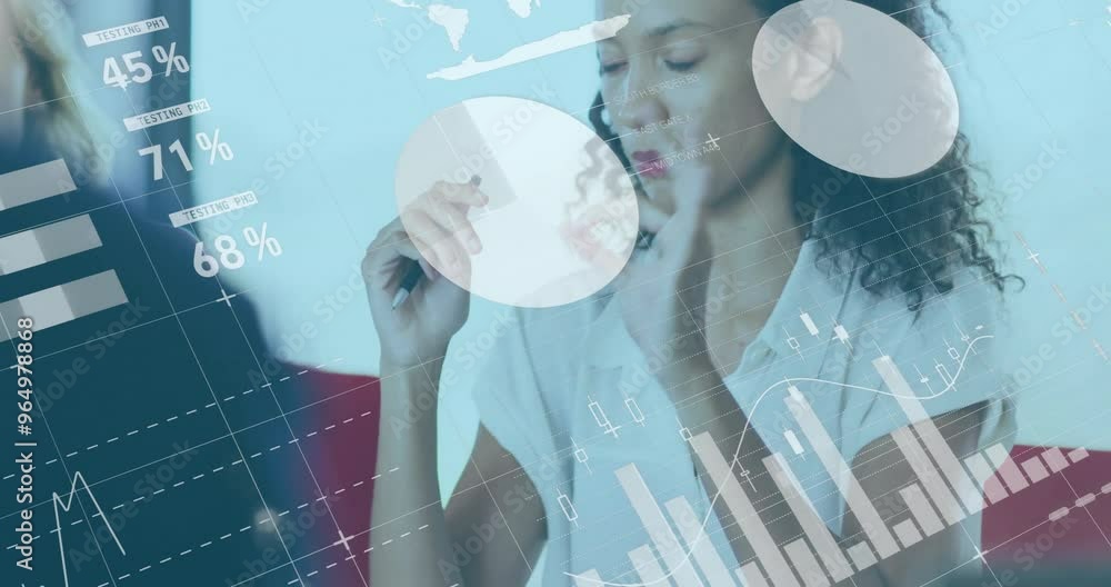 Poster animation of financial data processing over diverse colleagues discussing work in office