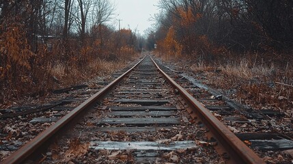 Obraz premium This image features a set of railroad tracks extending into the distance, surrounded by a dense, leafless forest. The tracks themselves are rusted and appear to be old, with wooden railroad ties in a 