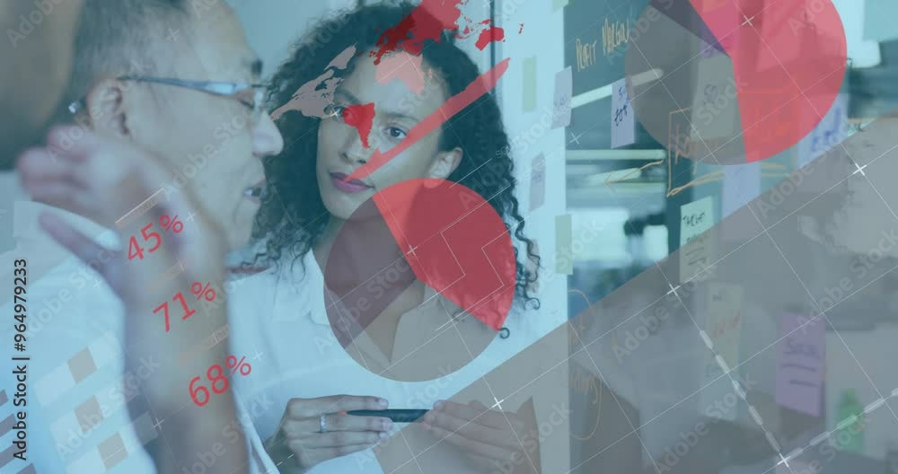 Poster animation of financial data processing over diverse colleagues discussing work in office