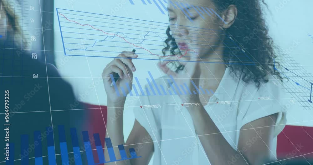 Aufkleber animation of financial data processing over diverse colleagues discussing work in office