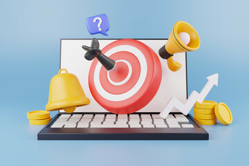 3D Illustration Digital Marketing Red Target with Arrow in the Center Floating on Laptop and Notification Bell with Megaphone Next to it Online Business Online Advertising 3D Rendering