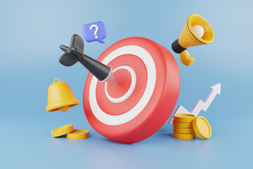3D illustration Digital marketing Red target with arrow in the middle aiming at the goal and notification bell with loudspeaker beside it Online business Online advertising 3D rendering