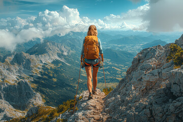 Obraz premium A woman climbing a mountain trail alone, enjoying the solitude and challenge. Concept of physical independence and personal growth.