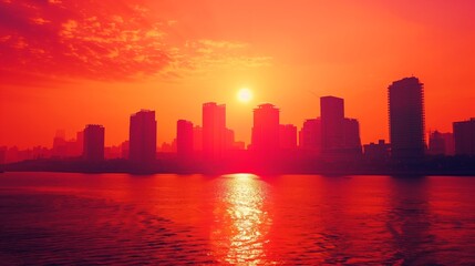 Fototapeta premium Stunning Urban Sunset Over River with Vibrant Red and Orange Sky, Capturing City Silhouette