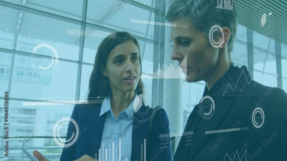 Poster animation of financial data processing over diverse colleagues discussing work in office