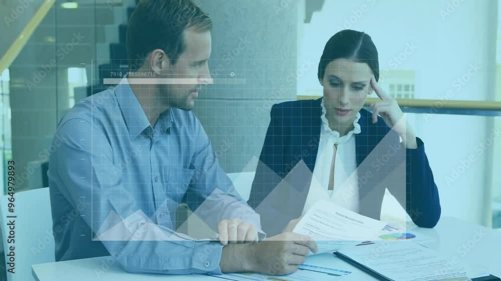 Poster animation of financial data processing over diverse colleagues discussing work in office