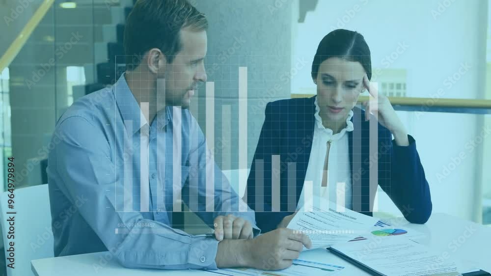 Poster animation of financial data processing over diverse colleagues discussing work in office