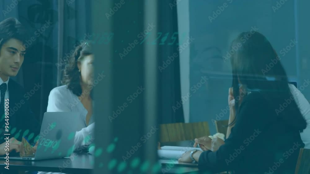 Poster animation of financial data processing over diverse colleagues discussing work in office