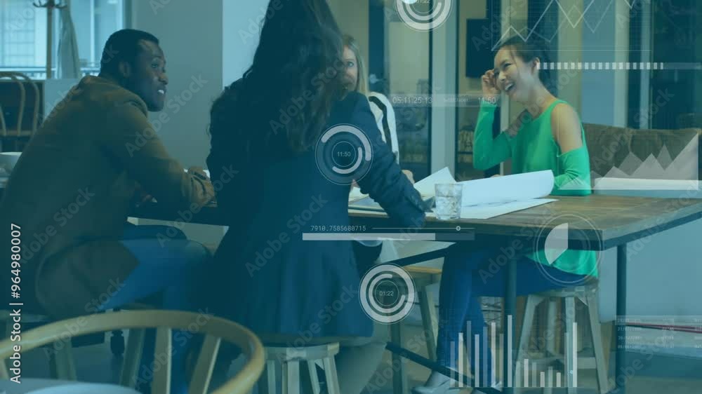 Poster animation of financial data processing over diverse colleagues discussing work in office