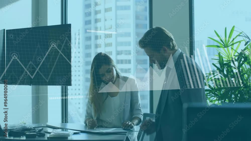 Poster animation of financial data processing over diverse colleagues discussing work in office