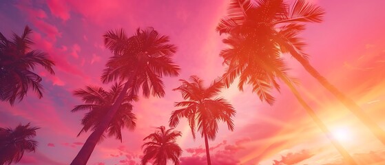 Obraz premium Serene tranquil tropical trees background concept. Coconut palms peaceful sunset sky. Exotic picturesque nature, colorful leaves, natural landscape. Summer tropical island holiday or vacation pattern.